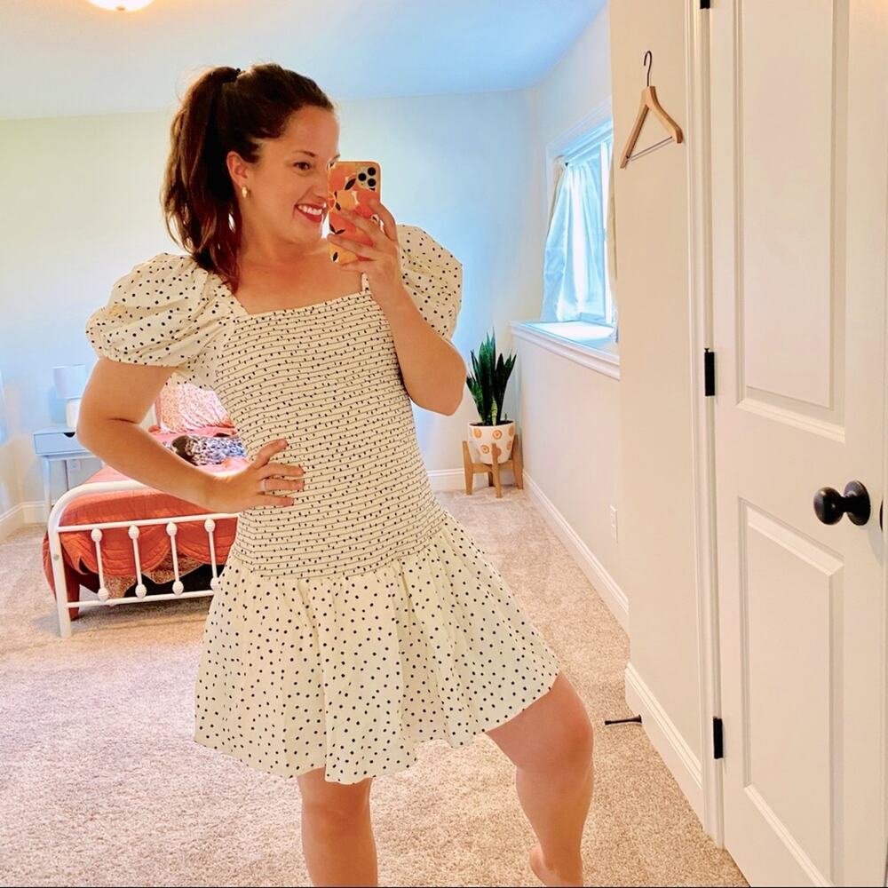 Tanya Taylor White Black Polka Dot Smocked Puff Sleeve Mini Dress Large